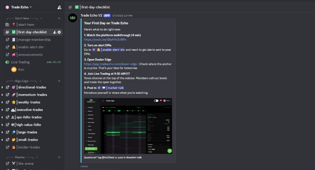 Trade Echo Discord with alert channels and first-day checklist