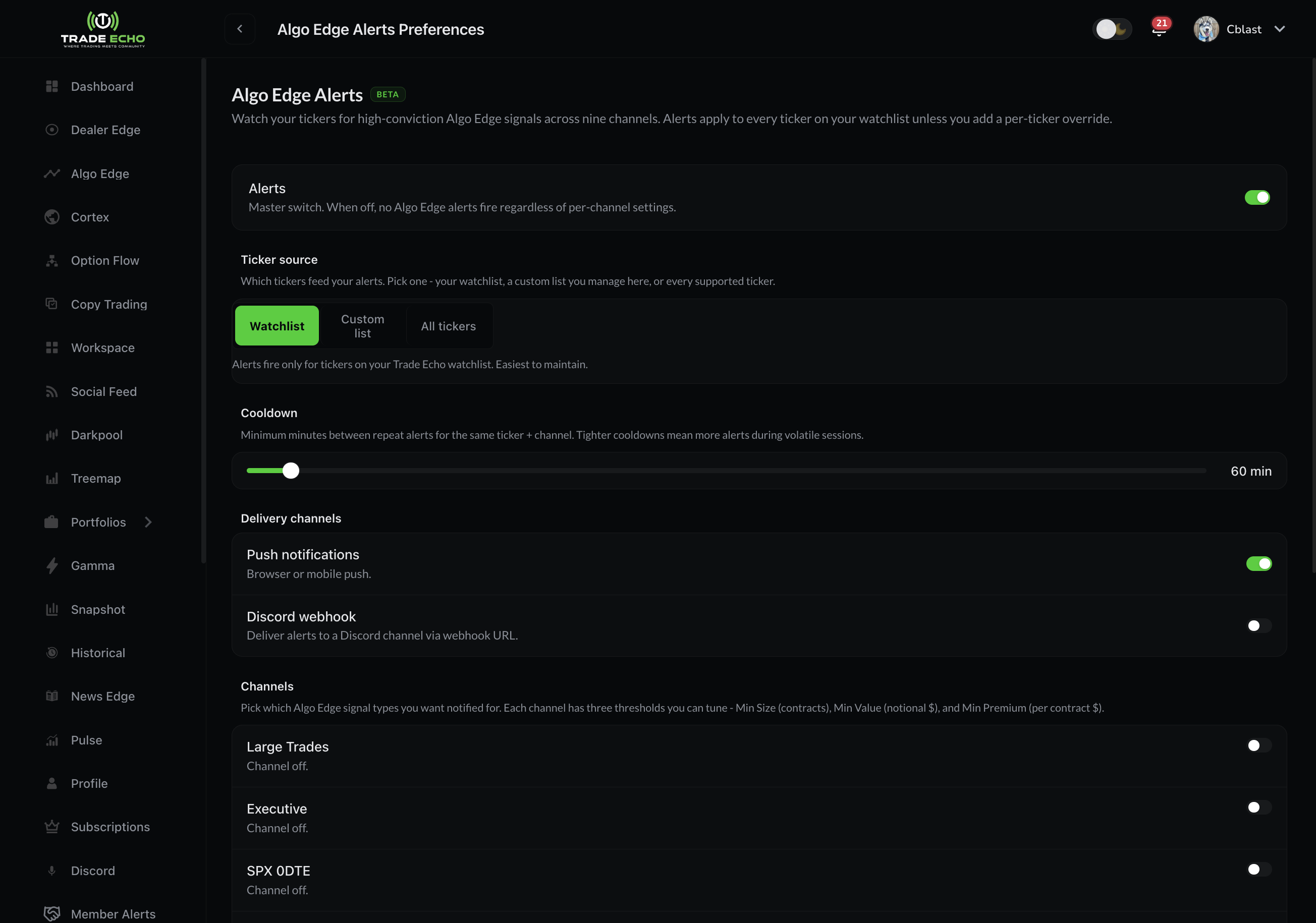 Algo Edge alerts preferences with channel cards